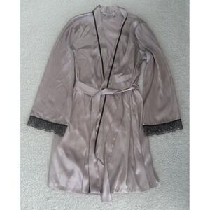 Satin Blush Pink Robe Black Lace Trim Belt Short Lingerie Feminine Size S/M